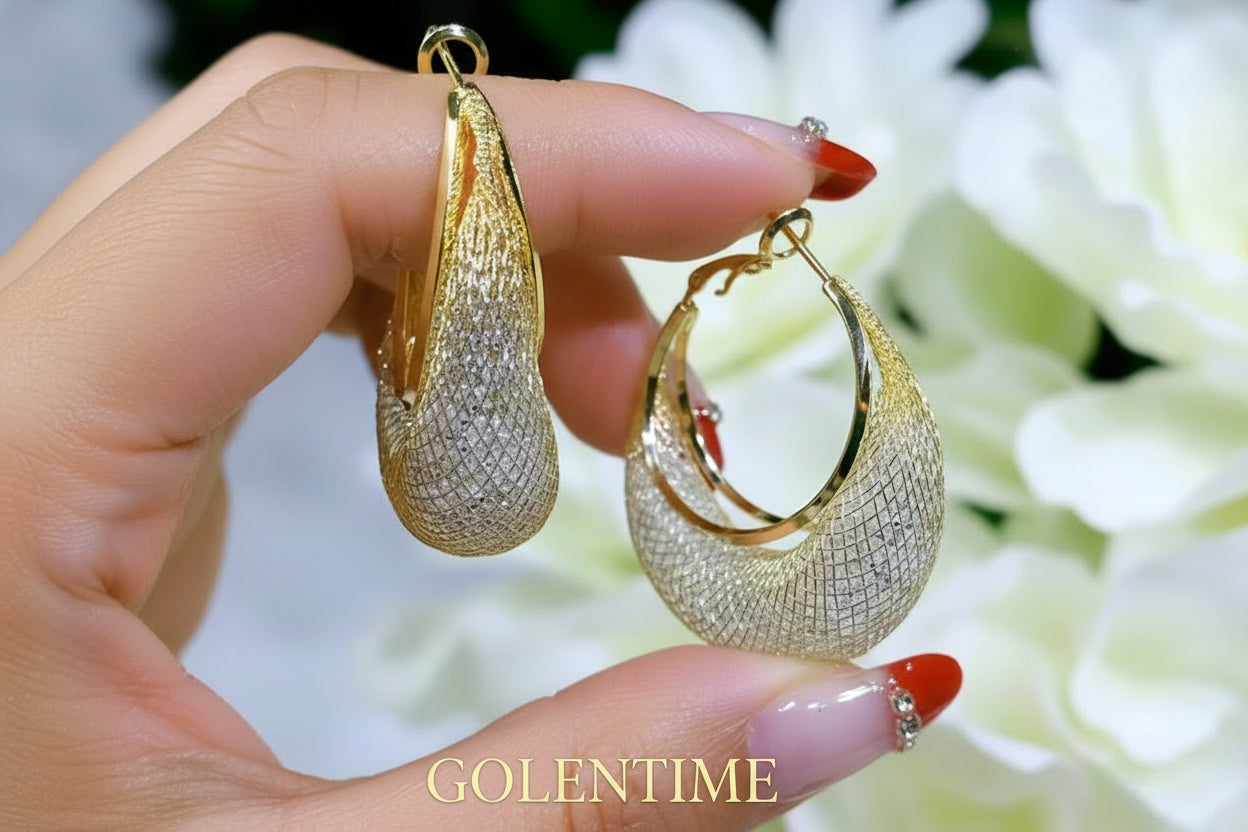 Luxurious 18K Plated Hoop Earrings - Sparkling Mesh Design, Fashionable Women's Jewelry Gift, Hypoallergenic, Nickel-Free, Durable, and Stylish Accessories for Any Occasion