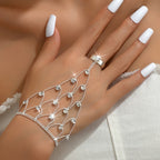 1pc Iced Out Shiny Rhinestone Mesh Finger Ring Bracelet Bling Bling Hand Back Chain Jewelry