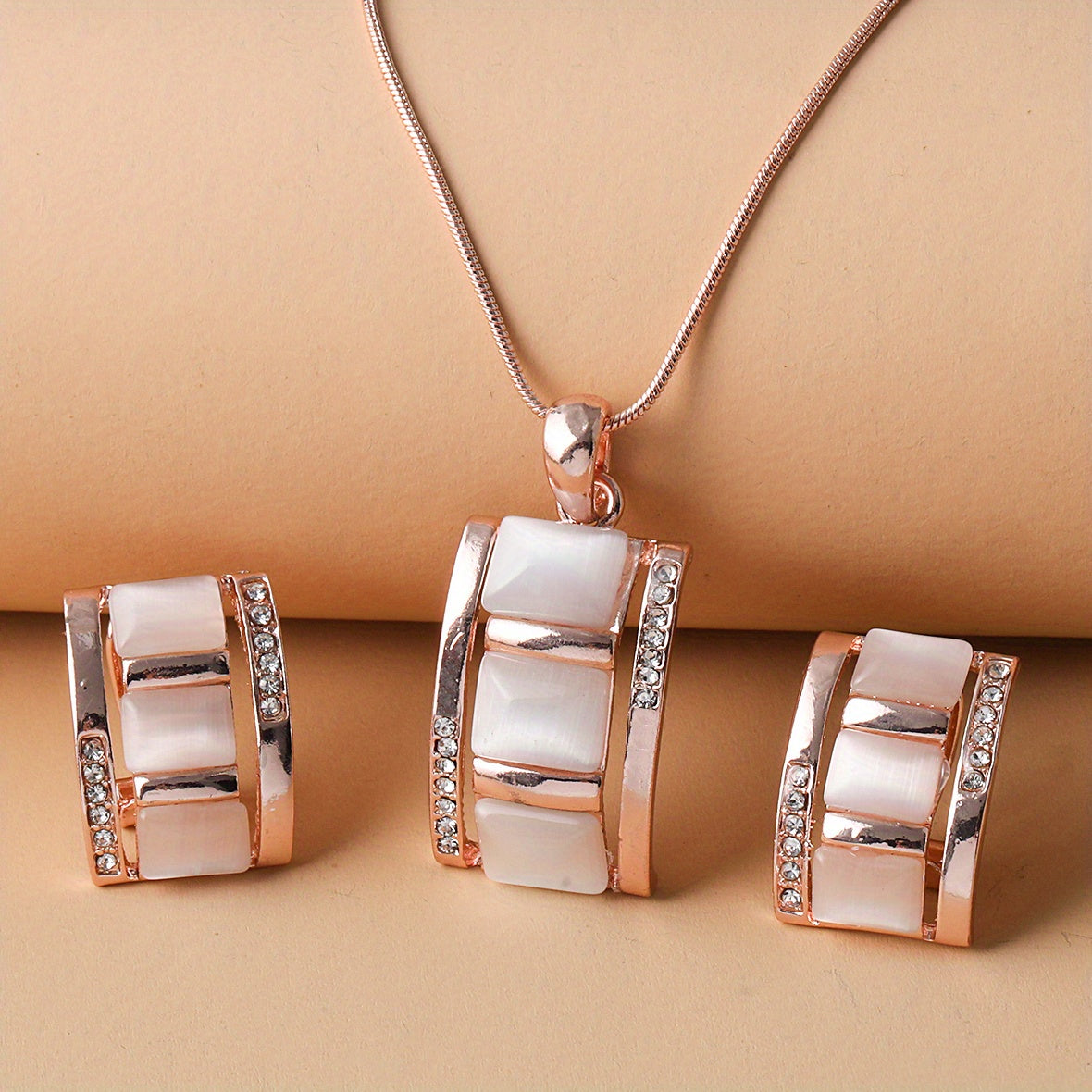 [Birthday Party Ceremony Gift] Women's And Stylish Rectangular Imitation Cat's Eye Stone Necklace And Earrings Jewelry Set, Rhinestone Pendant Earrings Two-Piece Set, Birthday/Party/Ceremony/Accessory Gift