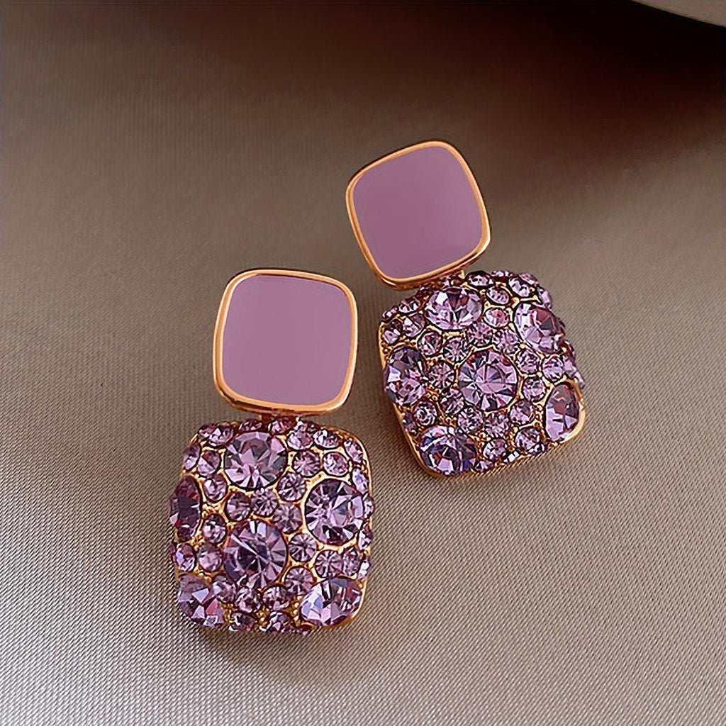 Square Shape Full Shiny Rhinestone Decor Dangle Earrings Luxury Elegant Style Alloy Jewelry Banquet Party Ear Ornaments