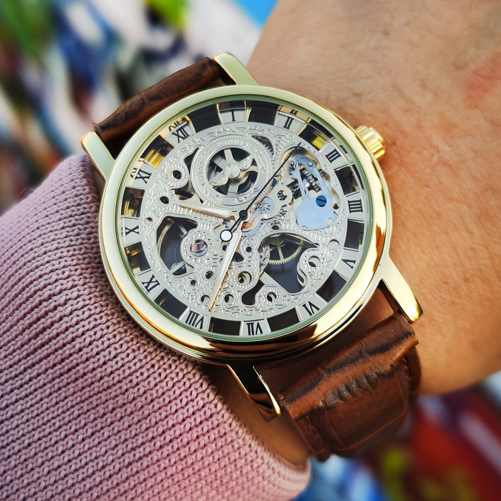 1pc Classic Luxury Golden Skeleton Hand Winding Mechanical Watches for Men Luminous Hands Top Brand Business Casual Retro Watch Festival Birthday Gifts